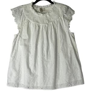 Loft Summer White Lined Eyelet Smocked Scoop Neck Cap Sleeve Top Size S